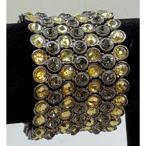 Wide Yellow /Gold / Clear Rhinestone Stretch Bracelet With Metal Base 2 Inches W - Picture 1 of 7